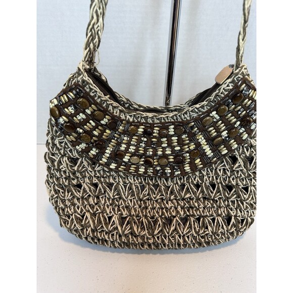 Vintage Sun N San Brown 1986 woven macramé beaded bohemian BoHo shoulder bag - Picture 2 of 12